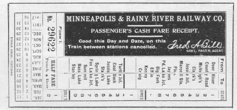 Minneapolis and Rainy River Railroad ticket from 1911